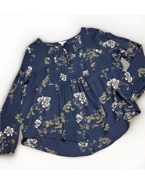 LUCKY BRAND Blouse - Navy Blue Floral Long Sleeves Tunic Viscose